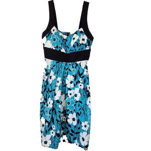 Dressbarn Womens size 10 Empire Waist Retro Sun‎ Dress Floral White Teal Black